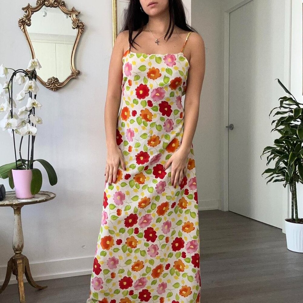 Pink Red Orange Floral Maxi Dress 